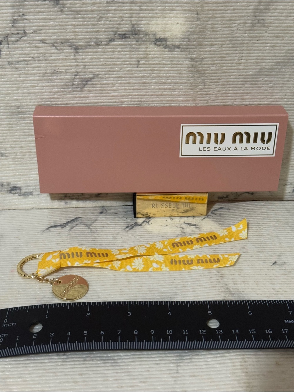 Miu Miu Beauty Yellow with Daisy Flower Design Ribbon Keychain with Gold Charm - Picture 7 of 7